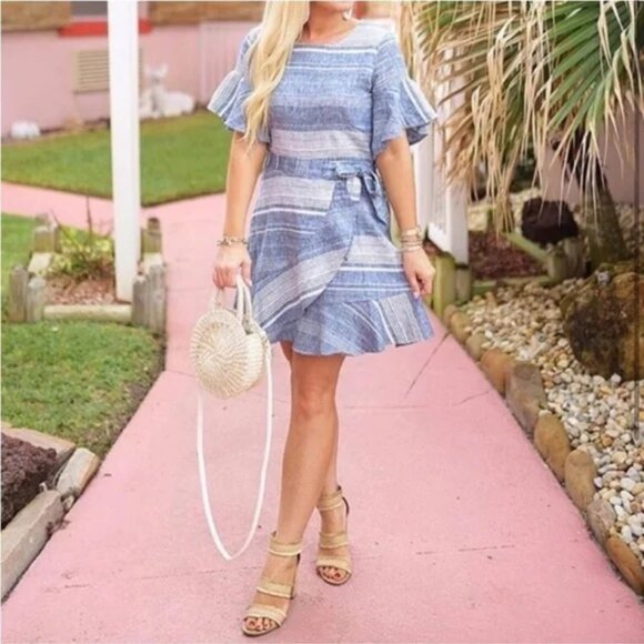 ⭐ Express Chambray Linen Blue And White Faux Wrap Dress Size XS - Picture 3 of 13